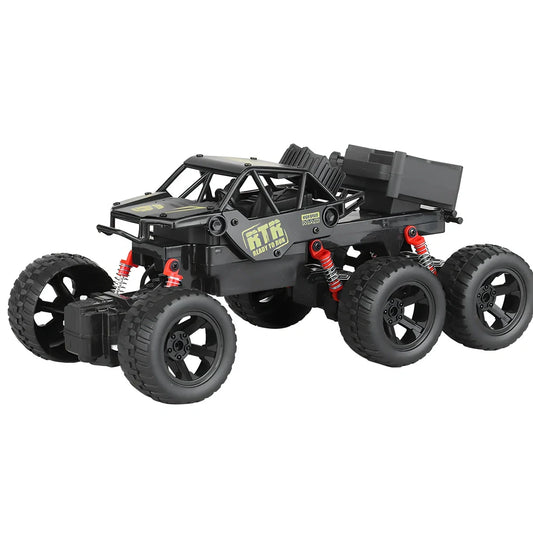 Children's remote control car with six wheels and 38cm climbing capability in black, gold, or red colours
