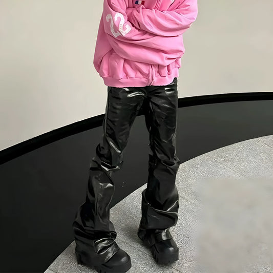 Black patent leather finish skinny jeans with straight leg cut on cotton denim