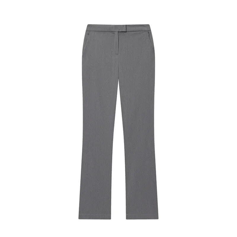 Women's slim-fit two-piece suit set with long-sleeve button jacket and flared pants in black, grey, pink, or apricot, sizes XS to L