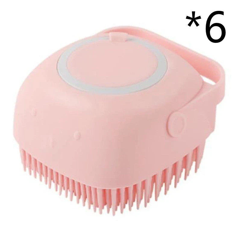 Silicone pet bath brush with shampoo dispenser, designed for gentle grooming and soothing massage