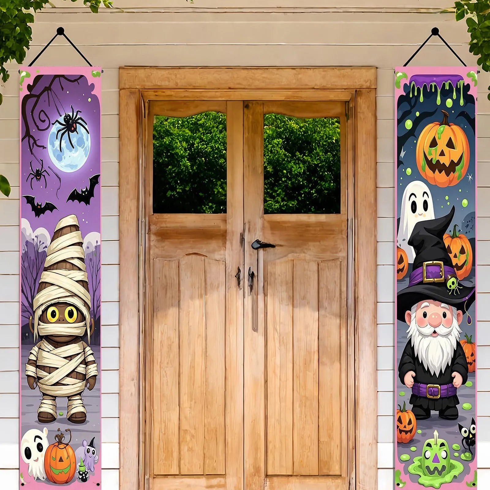 Pair of Halloween couplet hanging flag decorations measuring 30x180cm made from polyester fabric