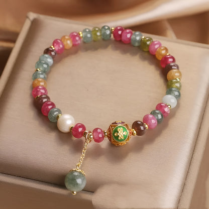 Colourful tourmaline abacus bead bracelet for women with pearl element in ethnic style
