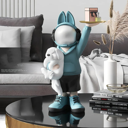 Glass steel astronaut rabbit sculpture with carving details in modern cartoon style