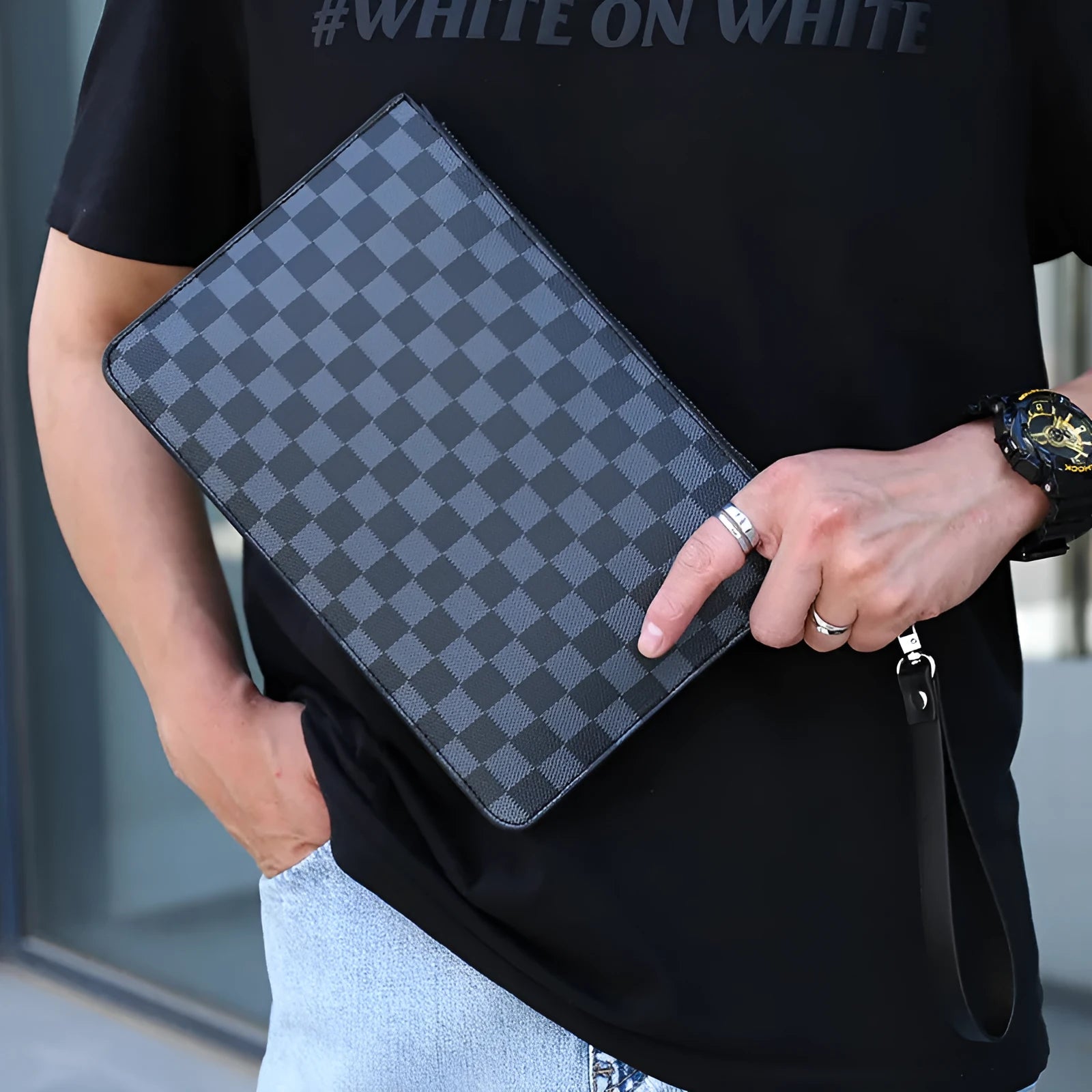 Men's black checkered PU leather clutch wallet open, showing six card slots and a central zippered pocket.