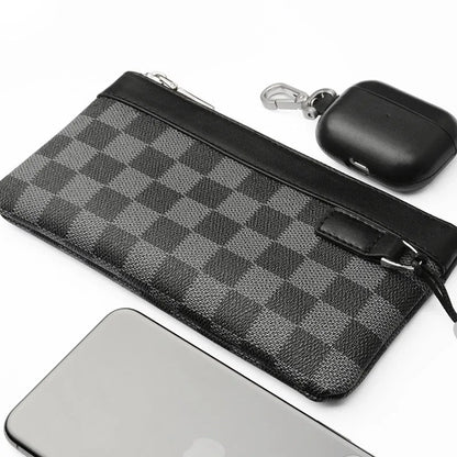 Black men's leather plaid clutch wallet showing 20cm by 10cm dimensions and cowhide texture