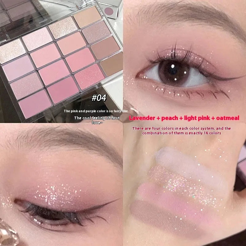 16-colour eye shadow palette showing matte and shimmer powder shades in pink, brown and lavender tones