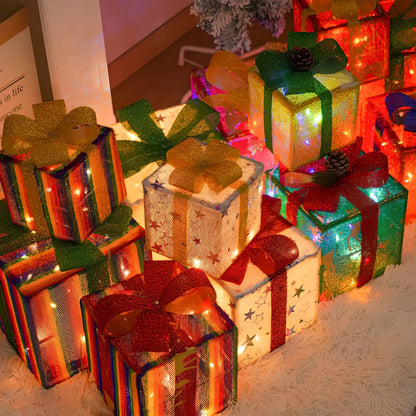 Christmas gift box three piece set with 50 LED beads and 8 lighting functions in silver star design