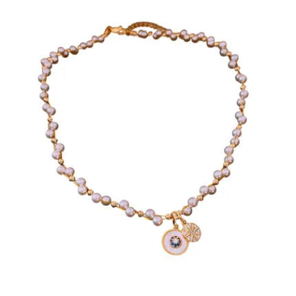 Gold-white necklace with round geometric pendant featuring zircon and imitation pearl on adjustable 41-50cm chain