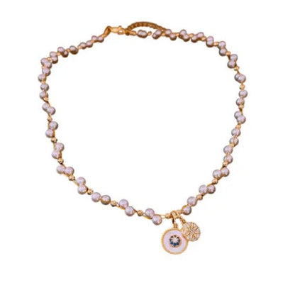 Gold-white necklace with round geometric pendant featuring zircon and imitation pearl on adjustable 41-50cm chain