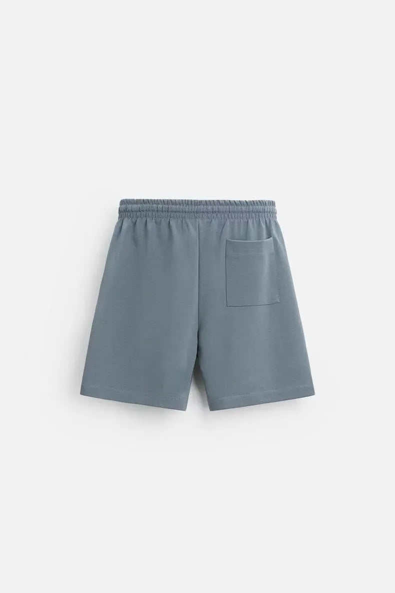 Loose double-sided cloth texture short sleeve set with round collar and matching shorts in blue colour