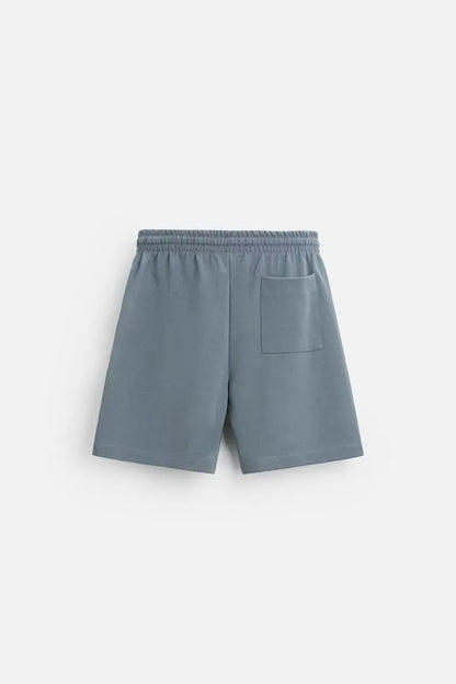 Loose double-sided cloth texture short sleeve set with round collar and matching shorts in blue colour