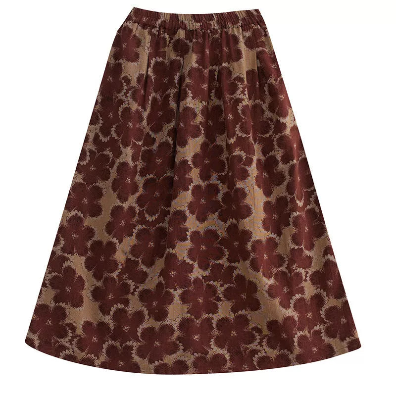 Cotton and linen loose skirt in wine red and dark green, retro style