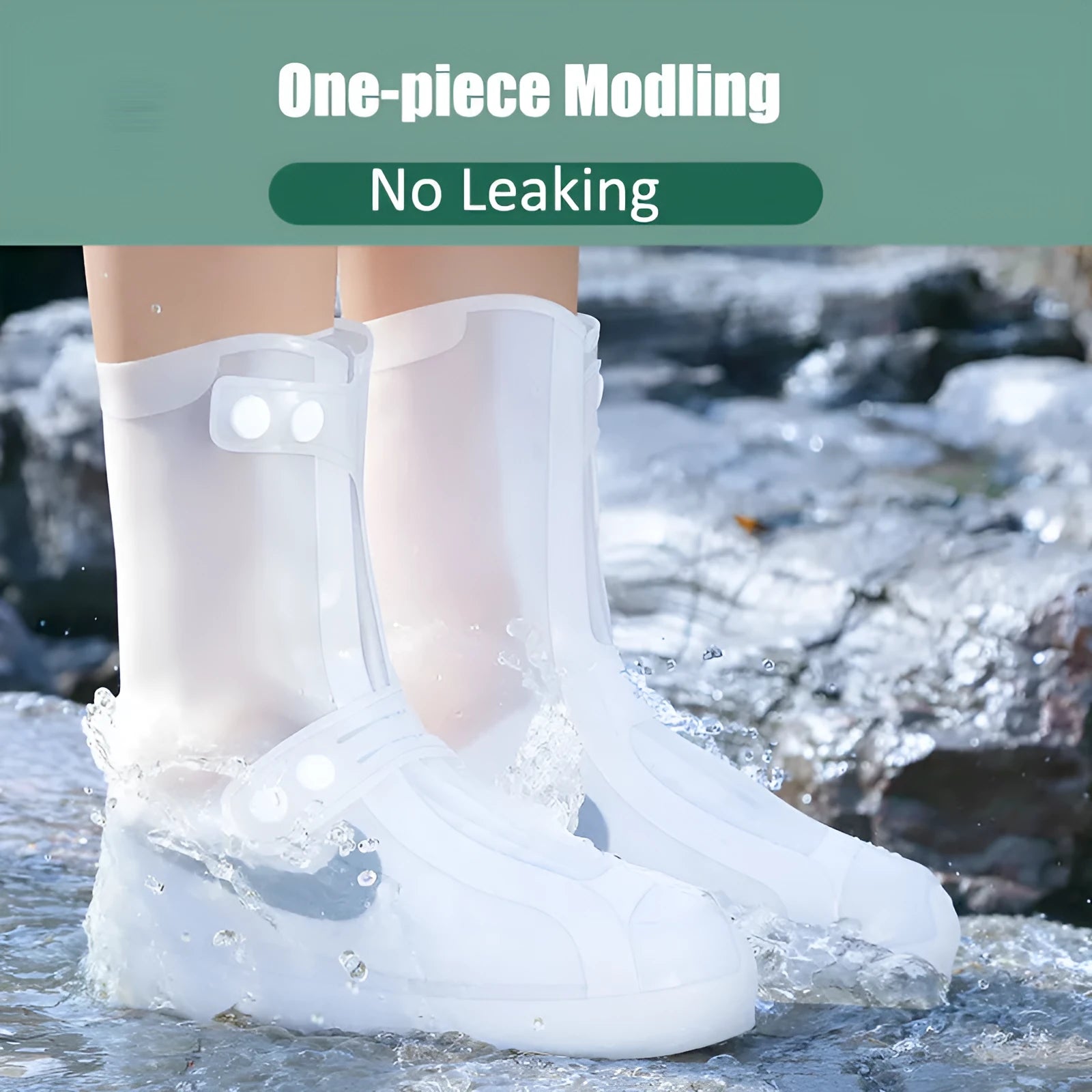 White high top PVC waterproof shoe cover for women with anti-skid sole.