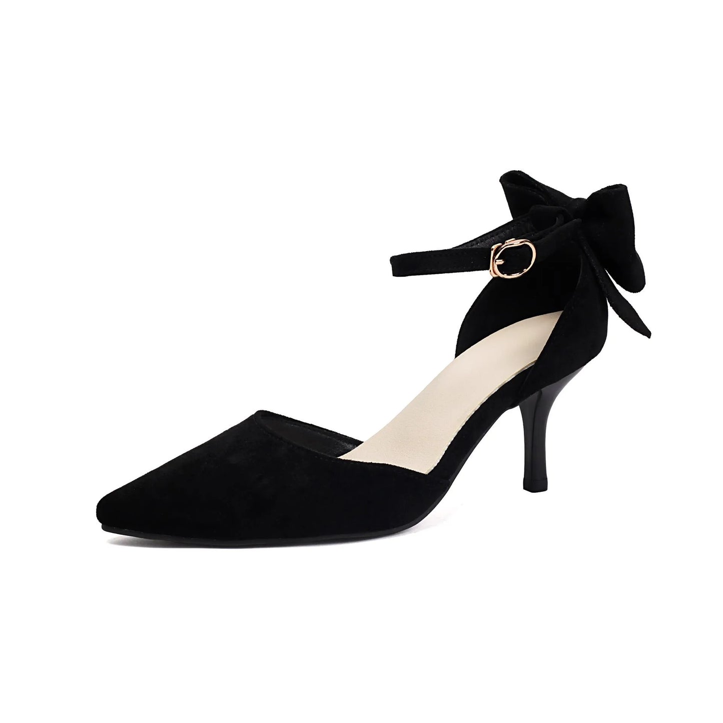 Black stiletto high heels with pointed toe, bowknot detail, and buckle closure on suede upper