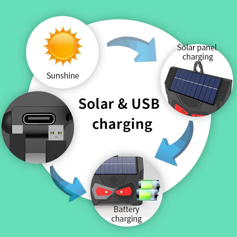Black animal-shaped solar ultrasonic outdoor pest repeller with charging cable