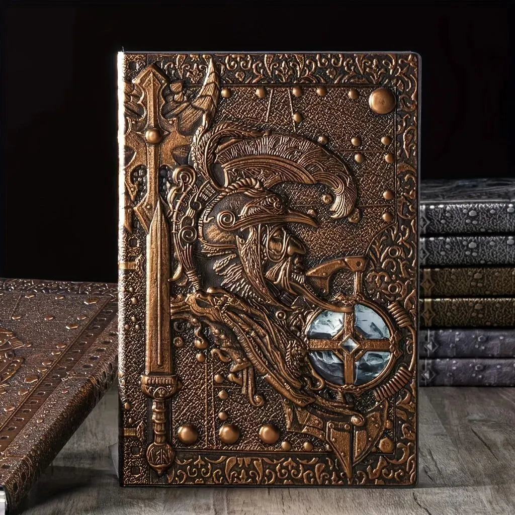 Handmade leather A5 notebook with 3D warriors relief embossing, showing bronze colour and open pages