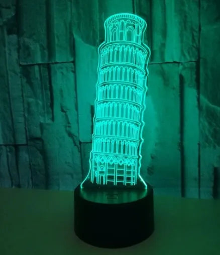 3D Leaning Tower of Pisa acrylic nightlight with colour-changing LEDs on a black base
