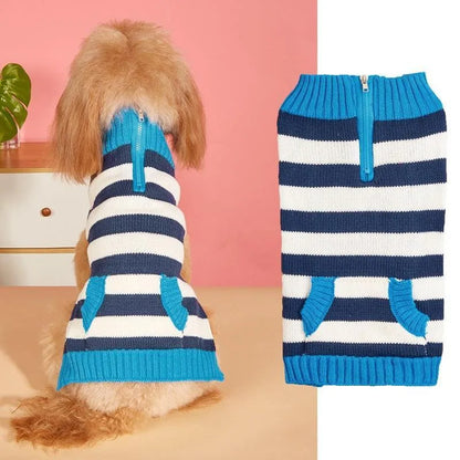 Grey dog sweater with horizontal zipper and button pocket on a small dog.