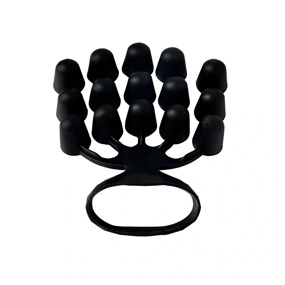 Black silicone finger tensioner with adjustable gears for strength training, showing 14cm size