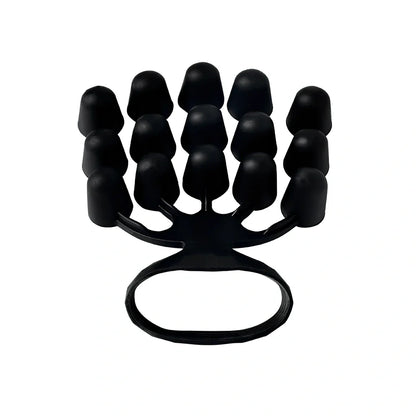 Black silicone finger tensioner with adjustable gears for strength training, showing 14cm size