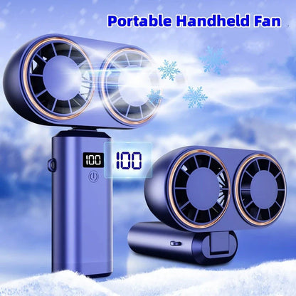 Portable USB rechargeable handheld fan with folding design, dual air outlets, and digital display for monitoring speed and battery life