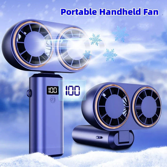 Portable USB rechargeable handheld fan with folding design, dual air outlets, and digital display for monitoring speed and battery life