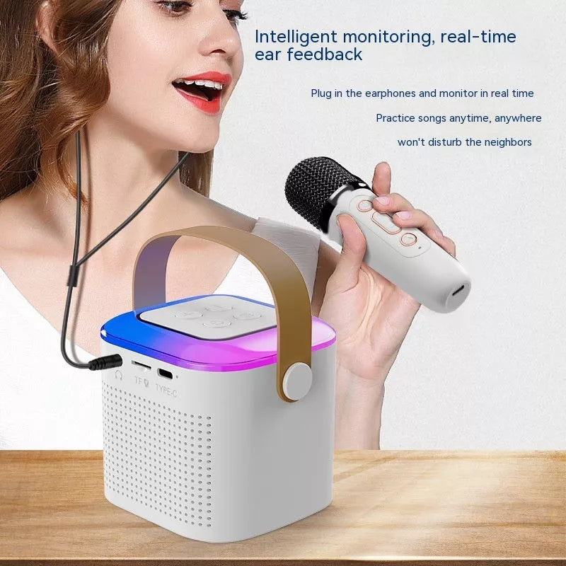 Bluetooth karaoke machine with two wireless microphones and RGB lighting