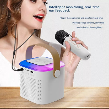 Bluetooth karaoke machine with two wireless microphones and RGB lighting