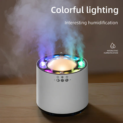 White ultrasonic humidifier with 7-colour LED lights showing dimensions 124x124x135mm