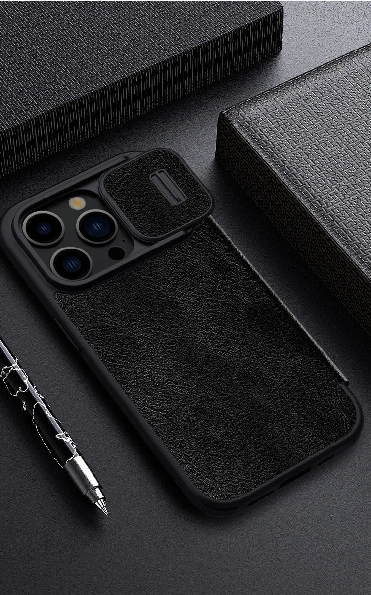 Flip-style imitation leather phone case for iPhone 14 Pro Max in black, brown, and red colour options