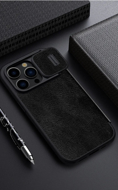Flip-style imitation leather phone case for iPhone 14 Pro Max in black, brown, and red colour options
