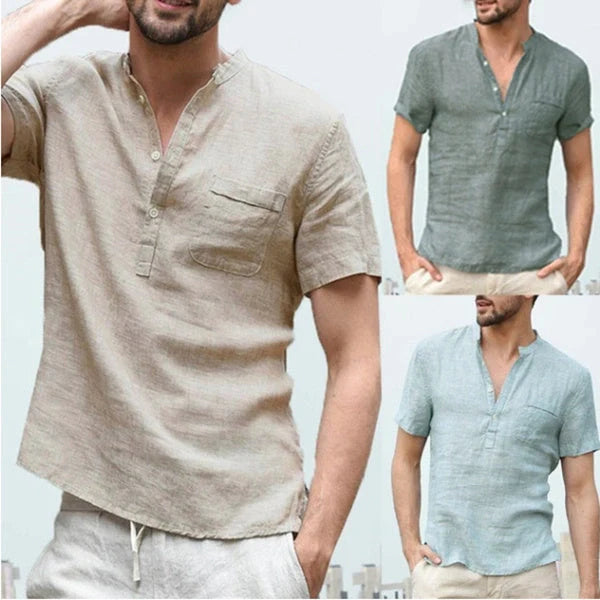 Men's casual linen V-neck short sleeve shirt in various colors for summer