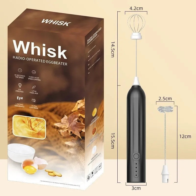 Mini handheld milk frother in black, white or khaki colour with stainless steel whisk and USB charging