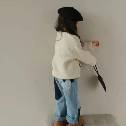 Apricot girls' pullover sweater with letter flower pattern, long Korean-style sleeves, round neck