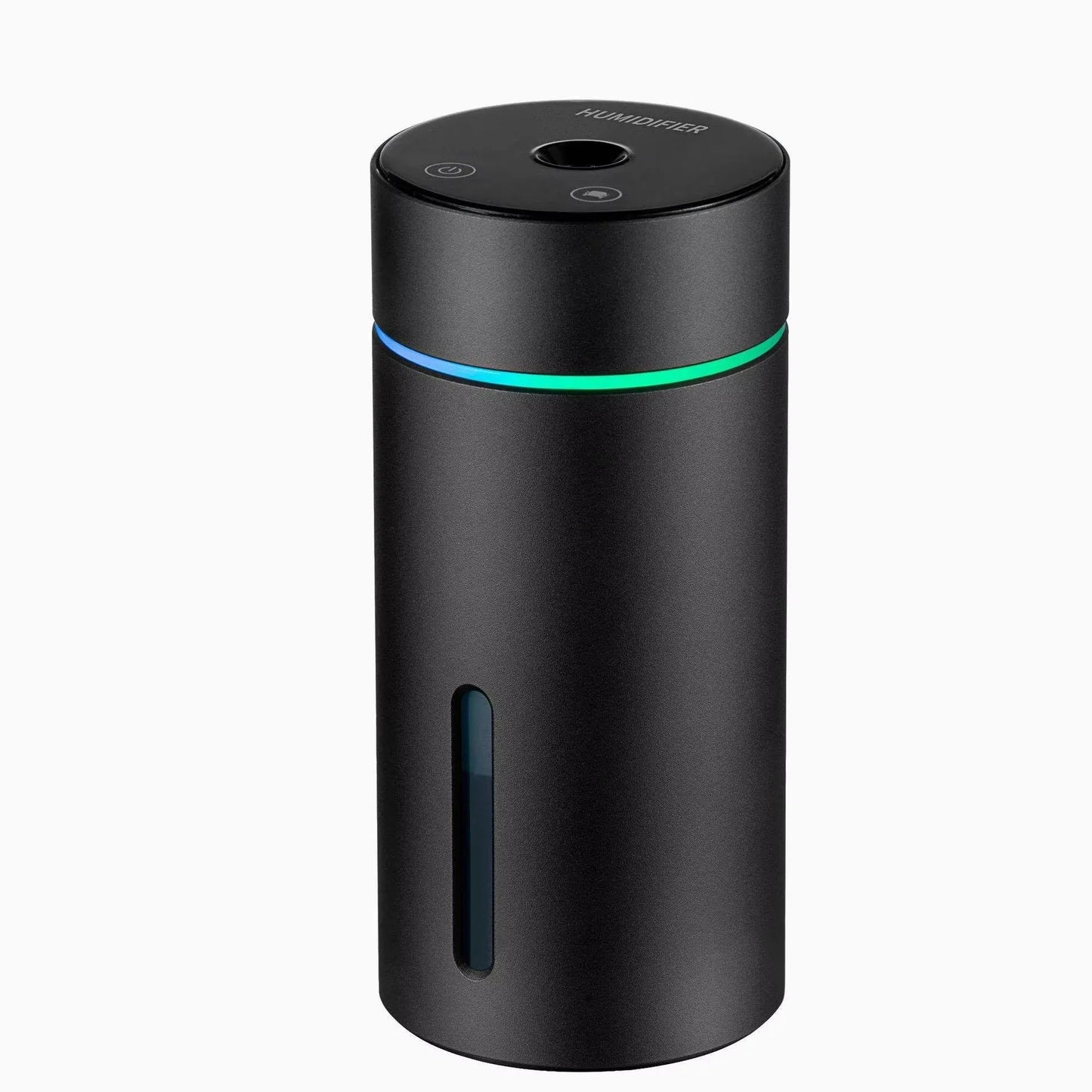 Black aluminium portable car humidifier and essential oil diffuser with night light on desk