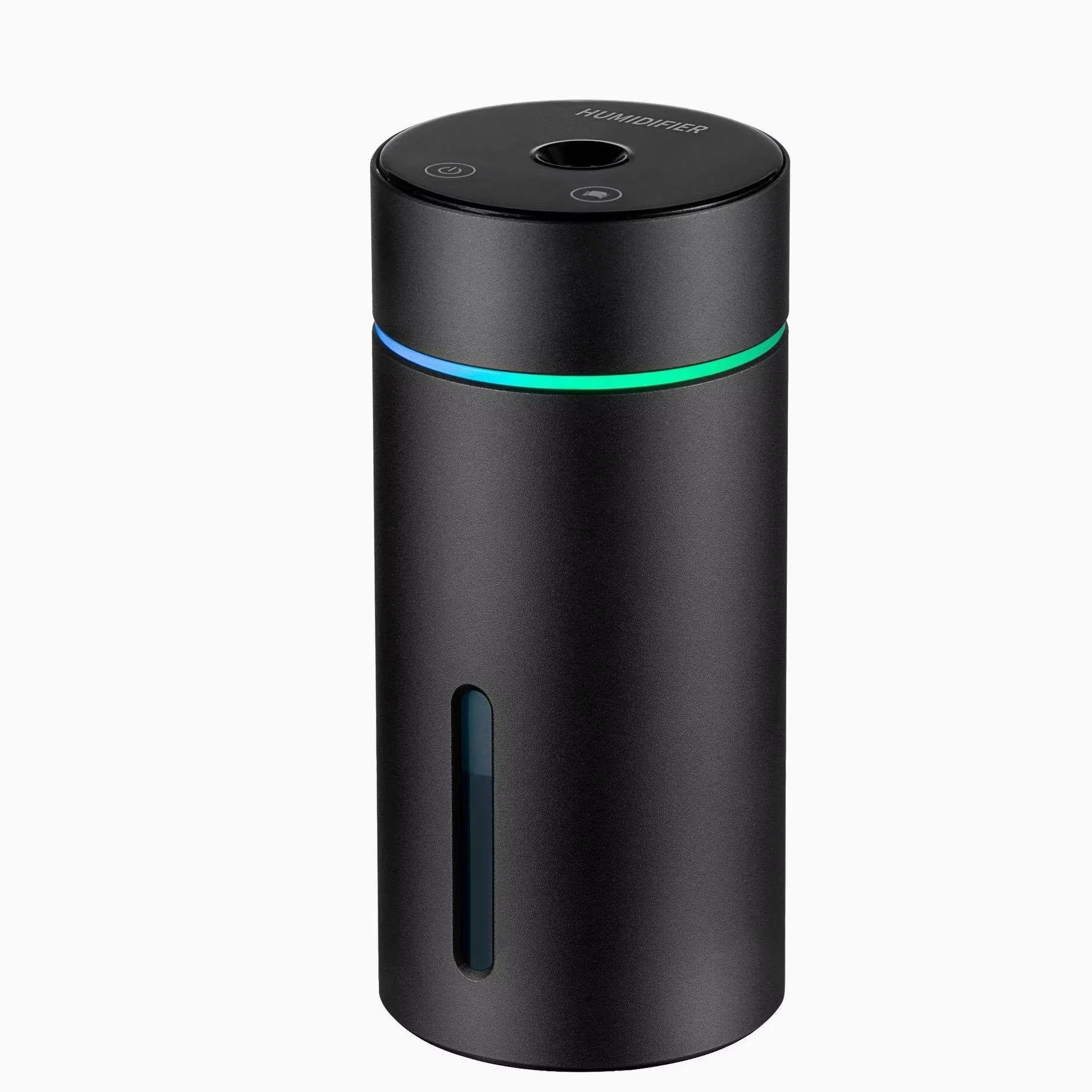 Black aluminium portable car humidifier and essential oil diffuser with night light on desk