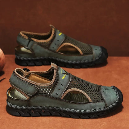 Men's brown leather casual shoe with mesh panels, elastic band, and flat rubber sole.