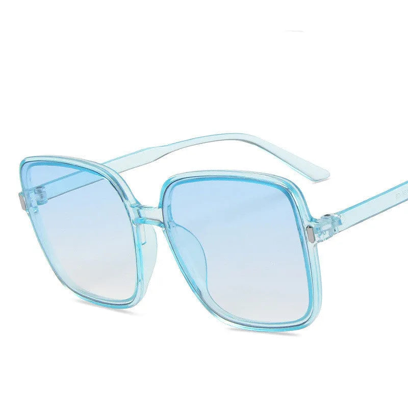 Big square rice nail sunglasses with PC frame and AC lenses, shown in multiple colour options including leopard print and blue.