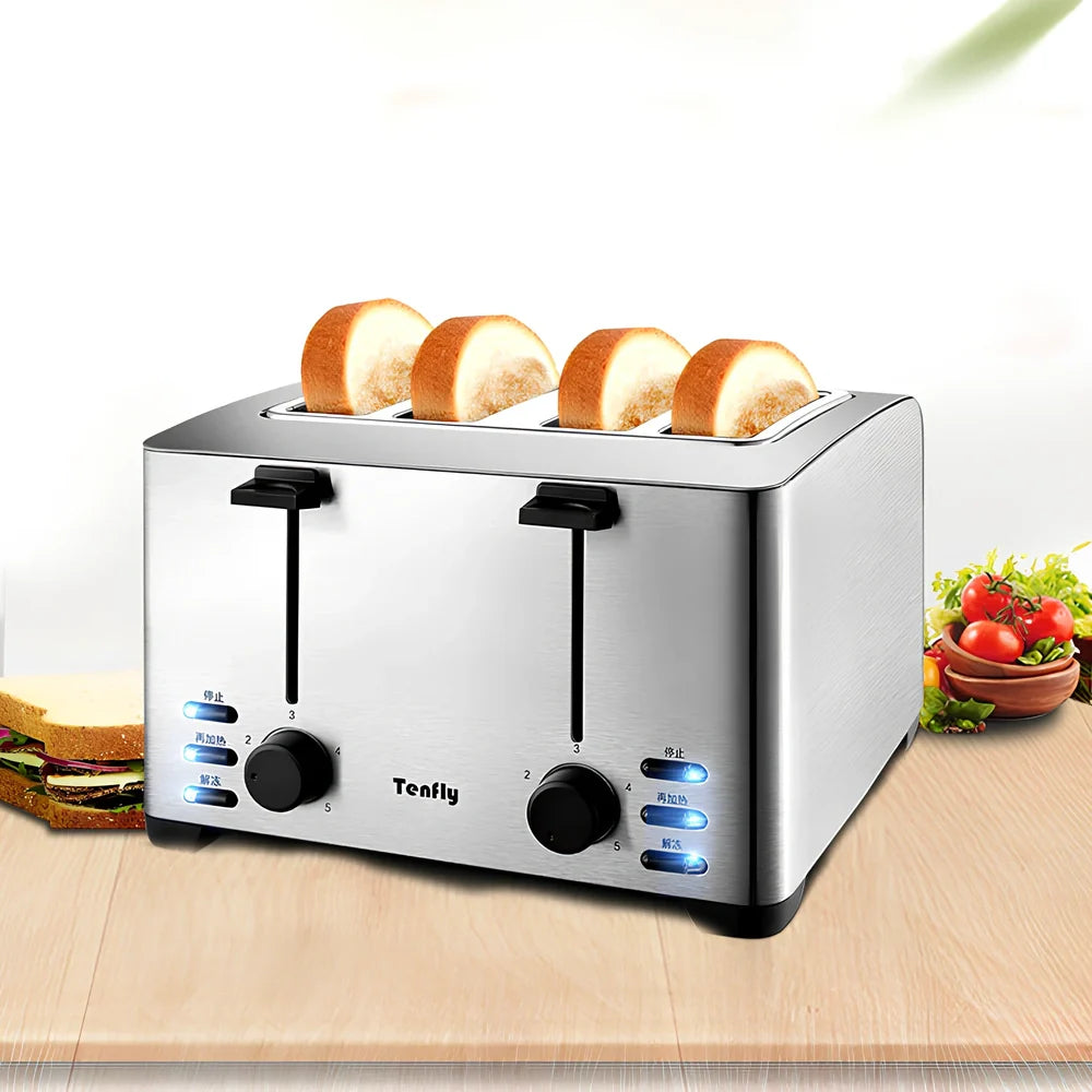 Silver grey 4-slice toaster with stainless steel body and baking rack on kitchen counter