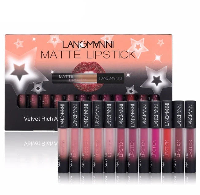 Long-Lasting Matte Velvet Lipstick Set - 12 Vibrant Shades