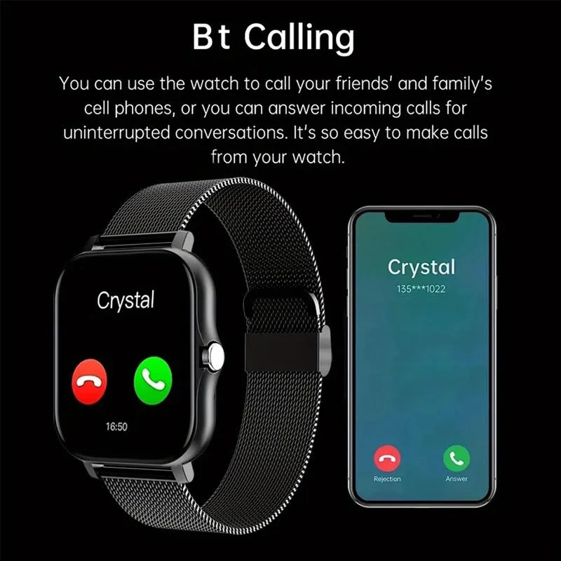 Smart watch with 144-inch touchscreen displaying health metrics, silicone strap, waterproof design for daily activity tracking