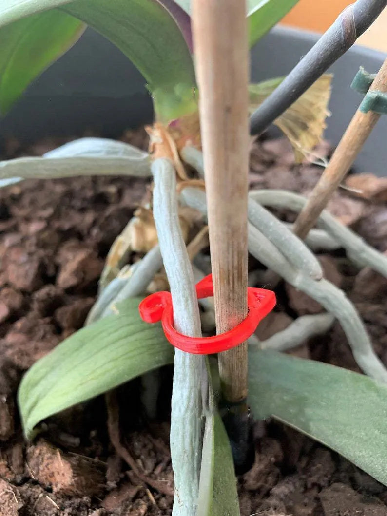 Red cat-shaped plastic gardening clip securing plant stem, showing 3cm length and decorative feline design