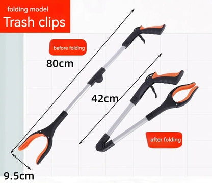 Foldable aluminium garbage clamp with extended pole and magnet sucker on blue handle.