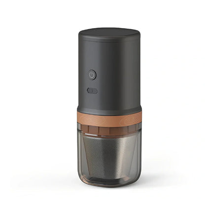 Portable coffee maker with 75mm diameter, dual brewing modes for powder and capsules, showing 9-bar pressure extraction system