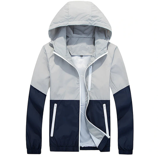 Men's lightweight hooded trench jacket in multiple colours showing front zip and hood design