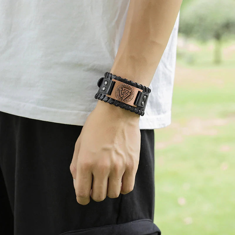 Nordic Viking PU Leather Bracelet with triangle energy design, adjustable buckle, and durable construction.