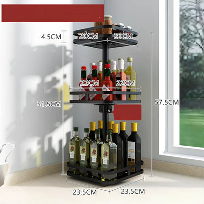 Stainless steel rotating spice rack with two tiers holding 12 bottles on kitchen countertop