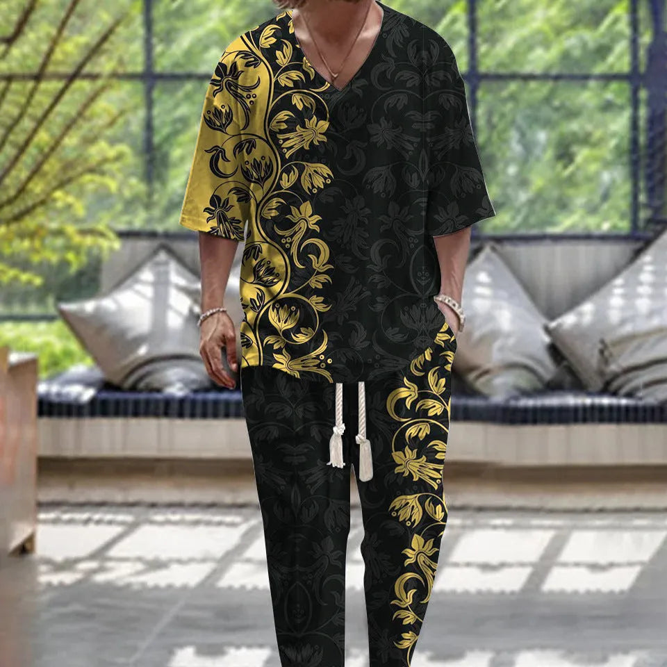 Cropped sleeves V-neck trousers suit in thin polyester fabric, available in multiple colours and sizes from S to 6XL