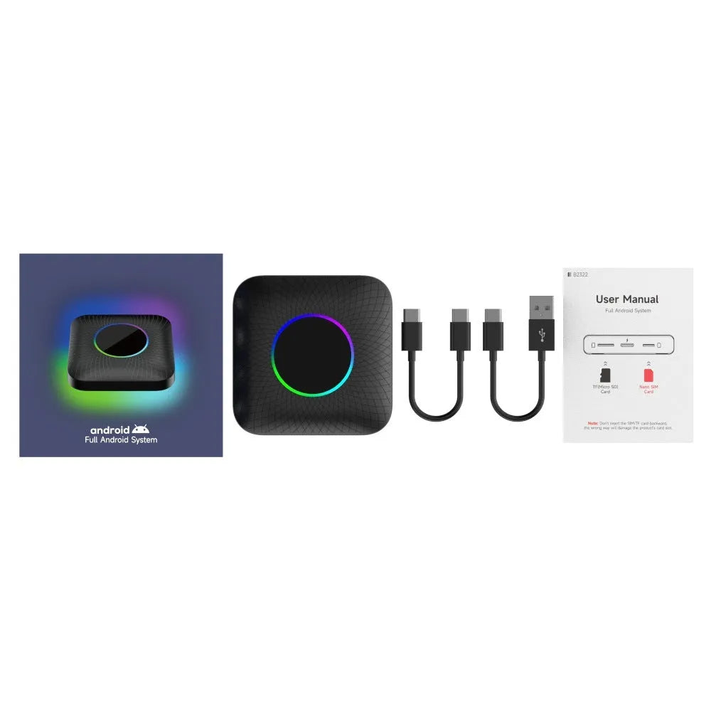 Square-shaped wireless CarPlay adapter box for cars with Android 13 system.
