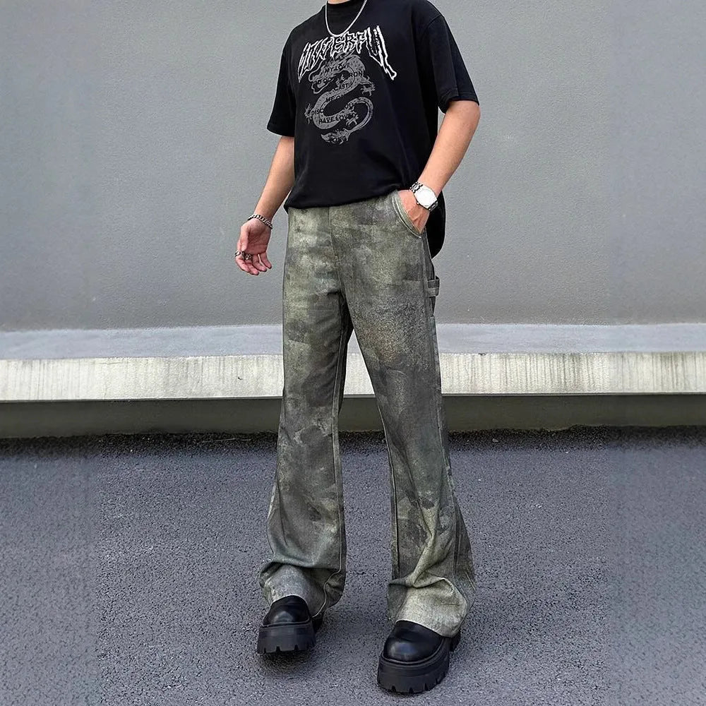 Men's retro camouflage jeans in straight-leg cut with digital direct injection pattern on cotton denim fabric